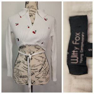Witty Fox Pale White Cherry Micro Wrap Crop Cardigan Size Small Balletcore